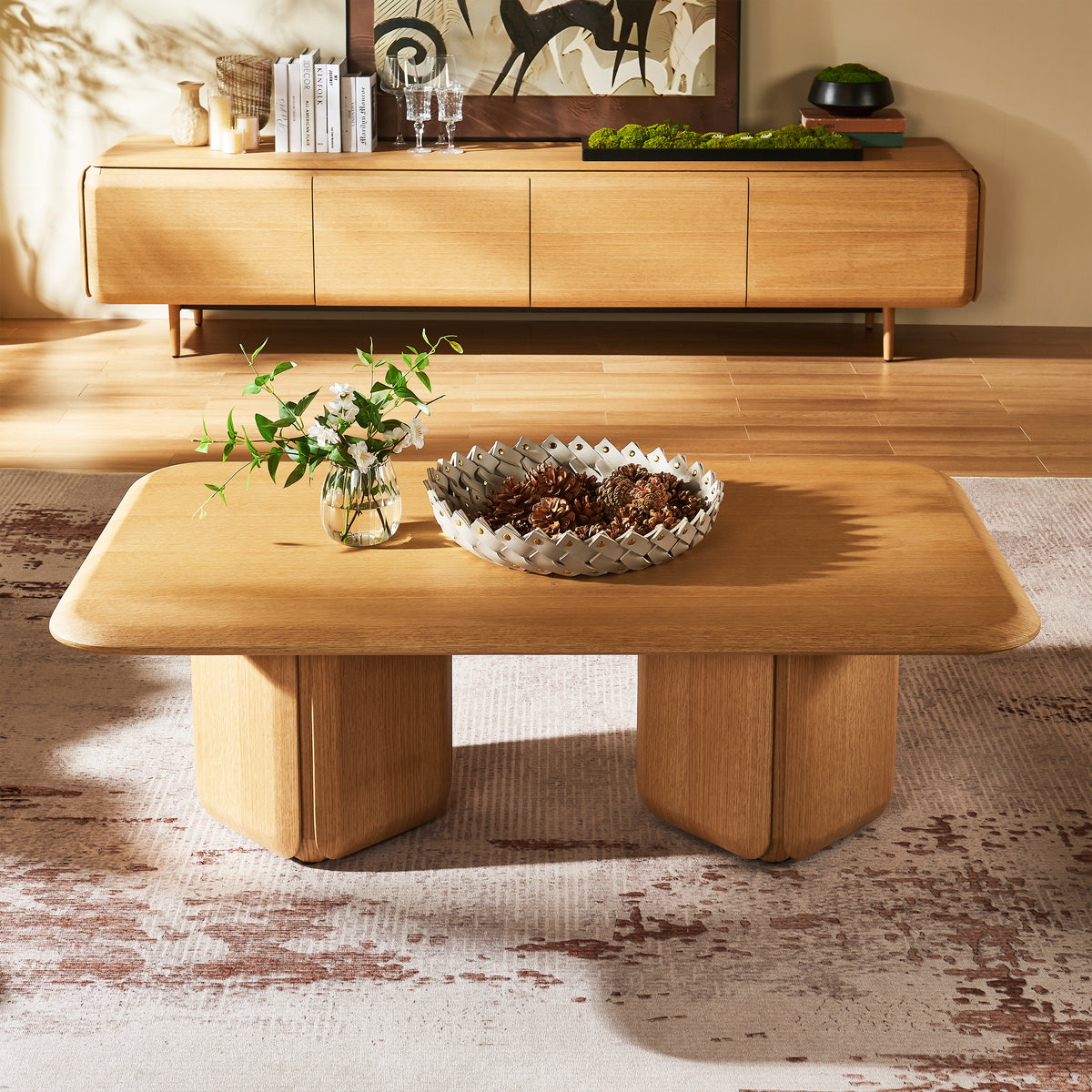 Dual Pedestal Oak Coffee Table