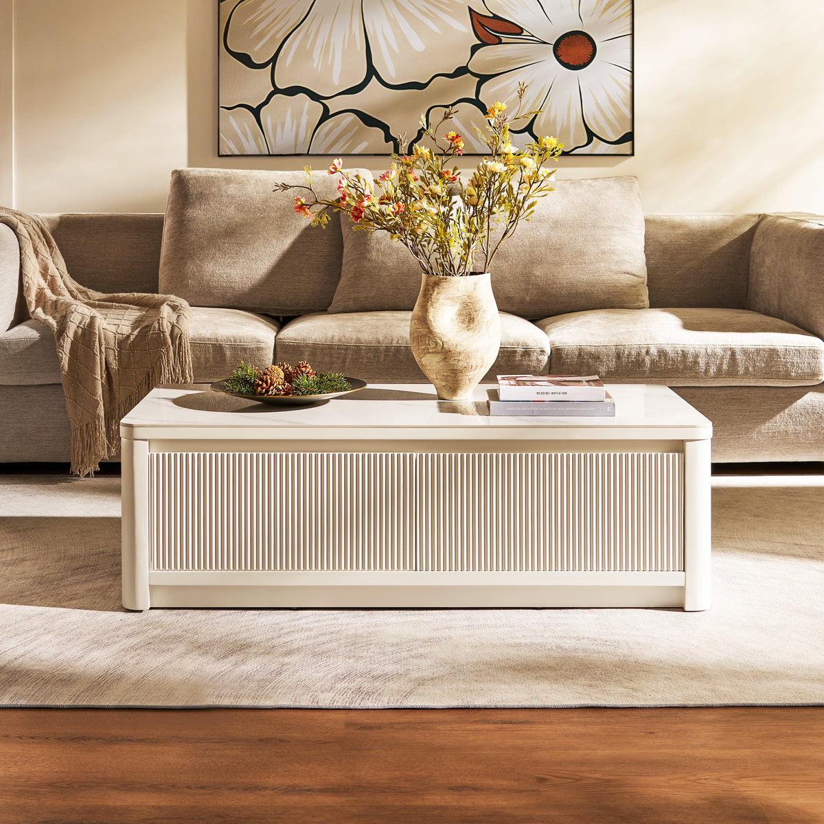 Fluted 2-Drawer Coffee Table with Stone Top — White