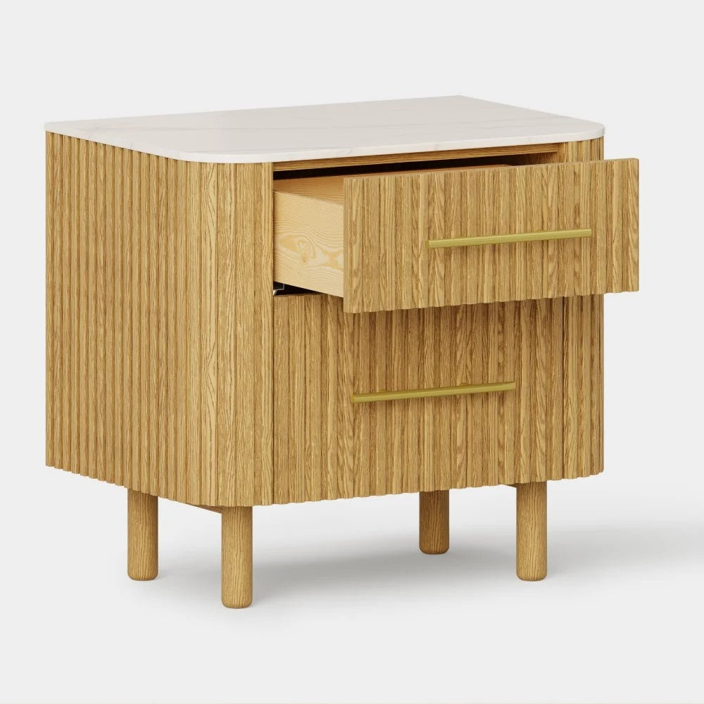 Fluted Oak Nightstand with Stone Top — Natural Oak