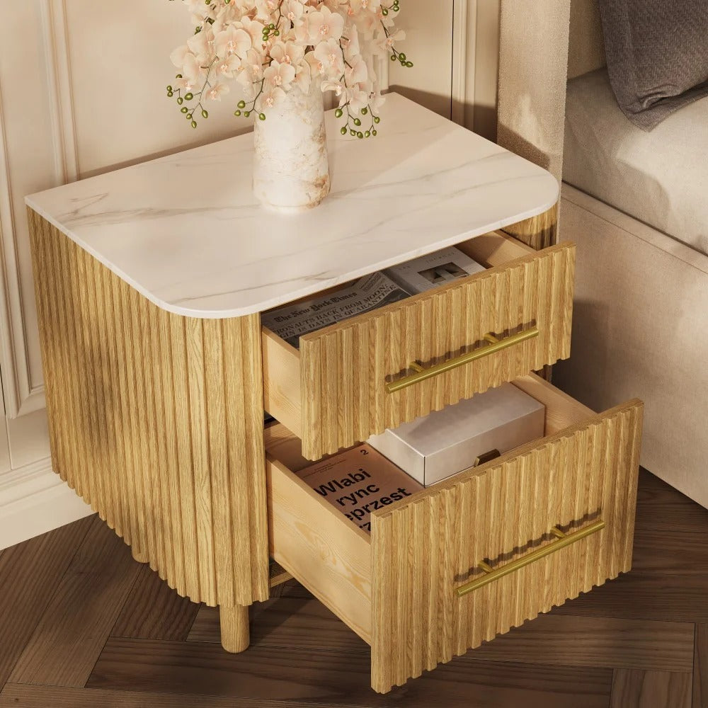 Fluted Oak Nightstand with Stone Top — Natural Oak