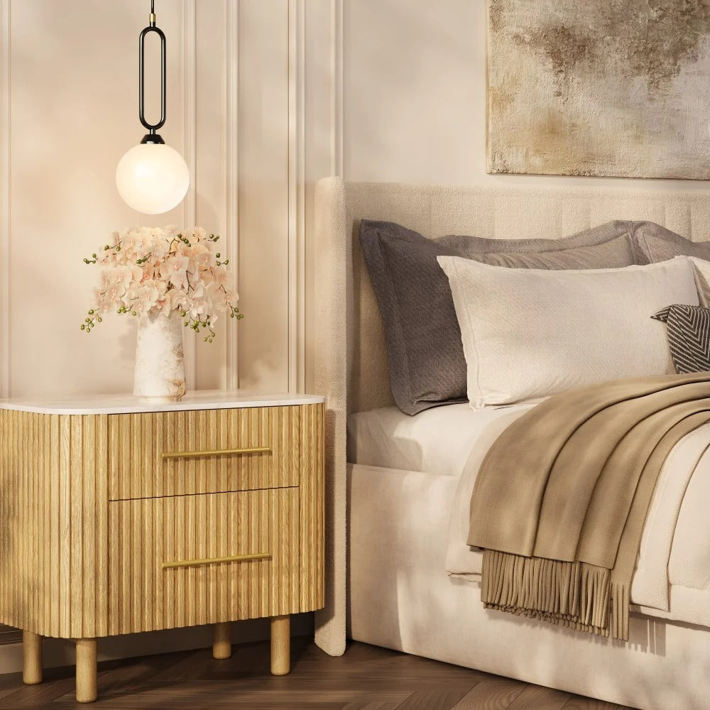 Fluted Oak Nightstand with Stone Top — Natural Oak