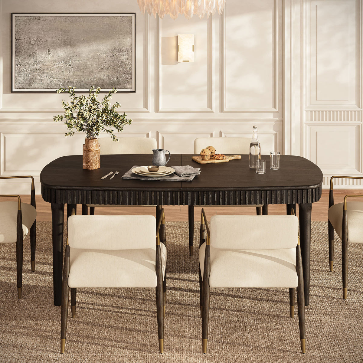 Oval Fluted Dining Table with Glass Top — Dark Espresso