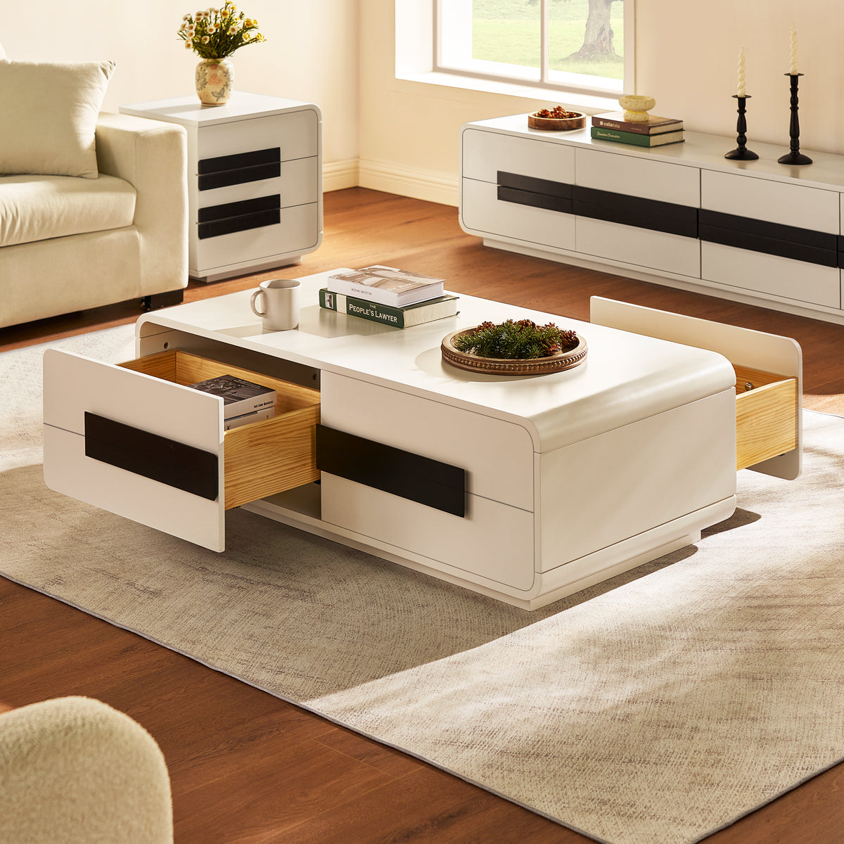 2-Drawer Coffee Table with Black Bar Handles — White