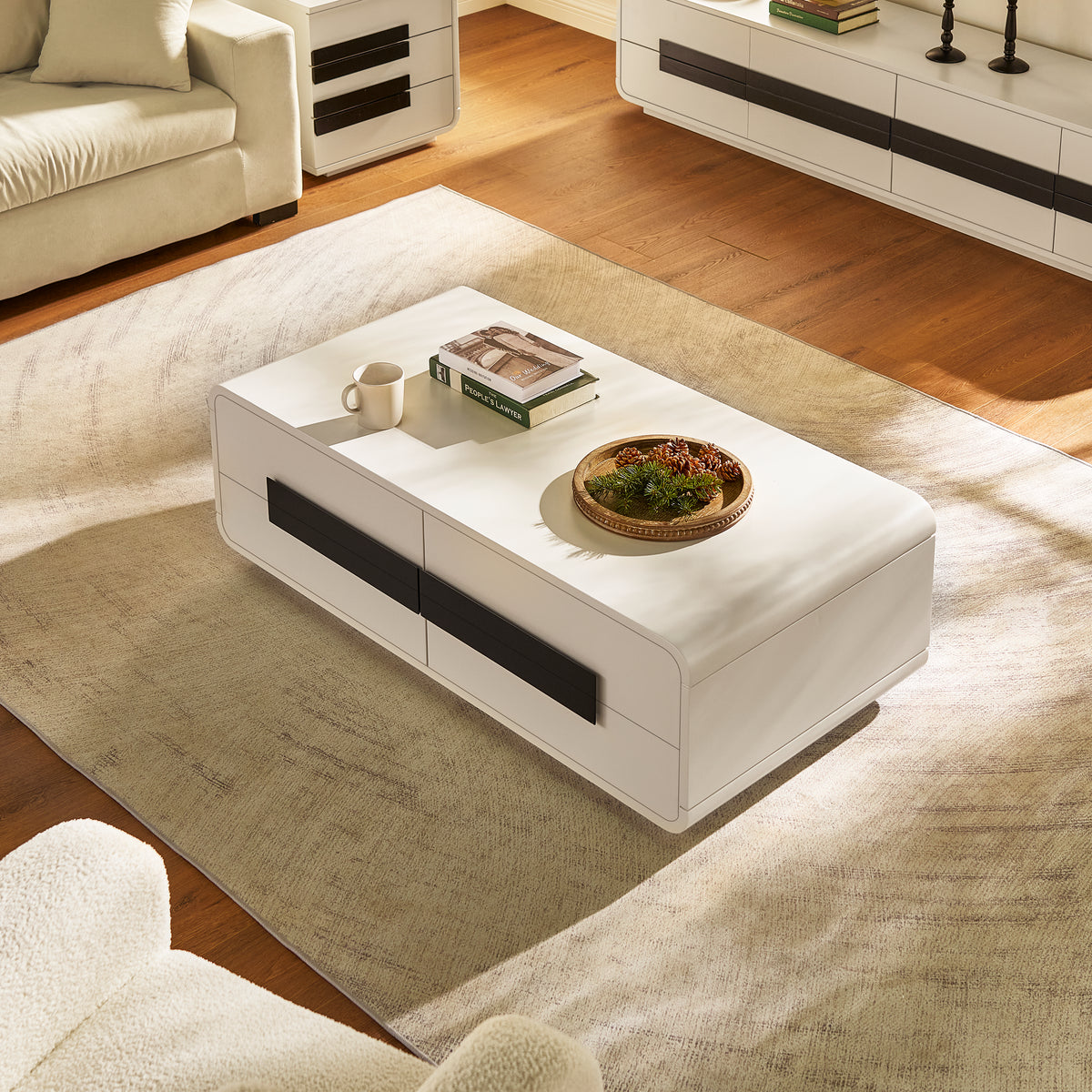 2-Drawer Coffee Table with Black Bar Handles — White