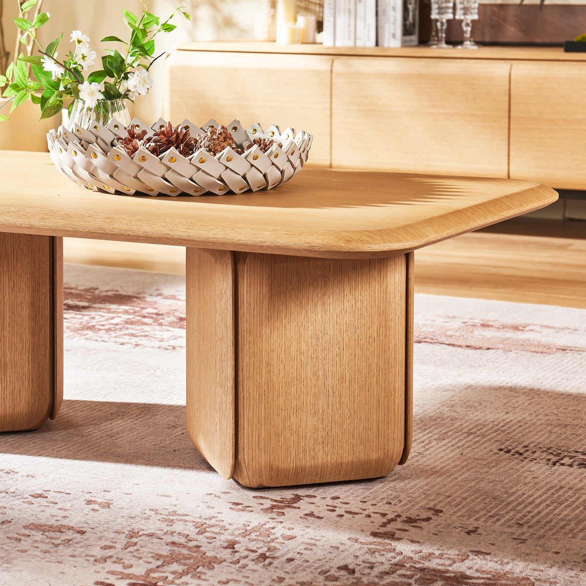 Dual Pedestal Oak Coffee Table