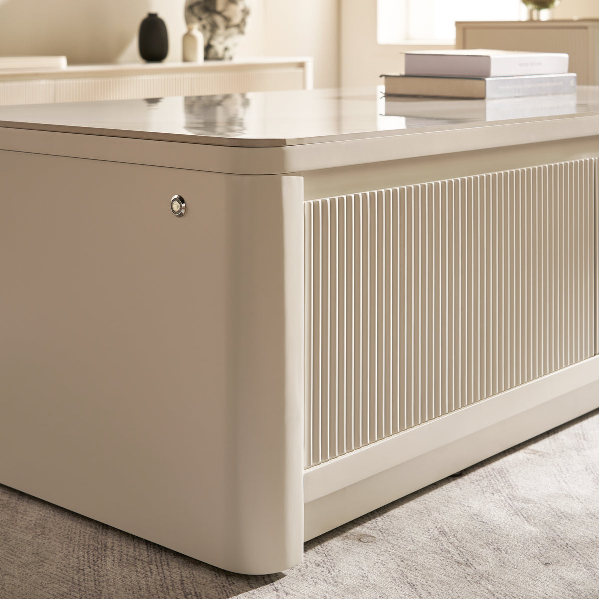 Fluted 2-Drawer Coffee Table with Stone Top — White