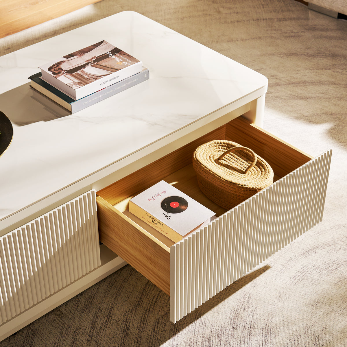 Fluted 2-Drawer Coffee Table with Stone Top — White