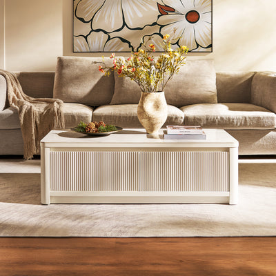 Fluted 2-Drawer Coffee Table with Stone Top — White