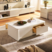 Fluted 2-Drawer Coffee Table with Stone Top — White