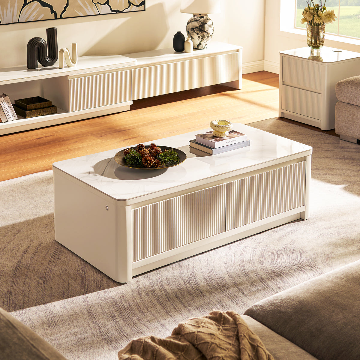 Fluted 2-Drawer Coffee Table with Stone Top — White