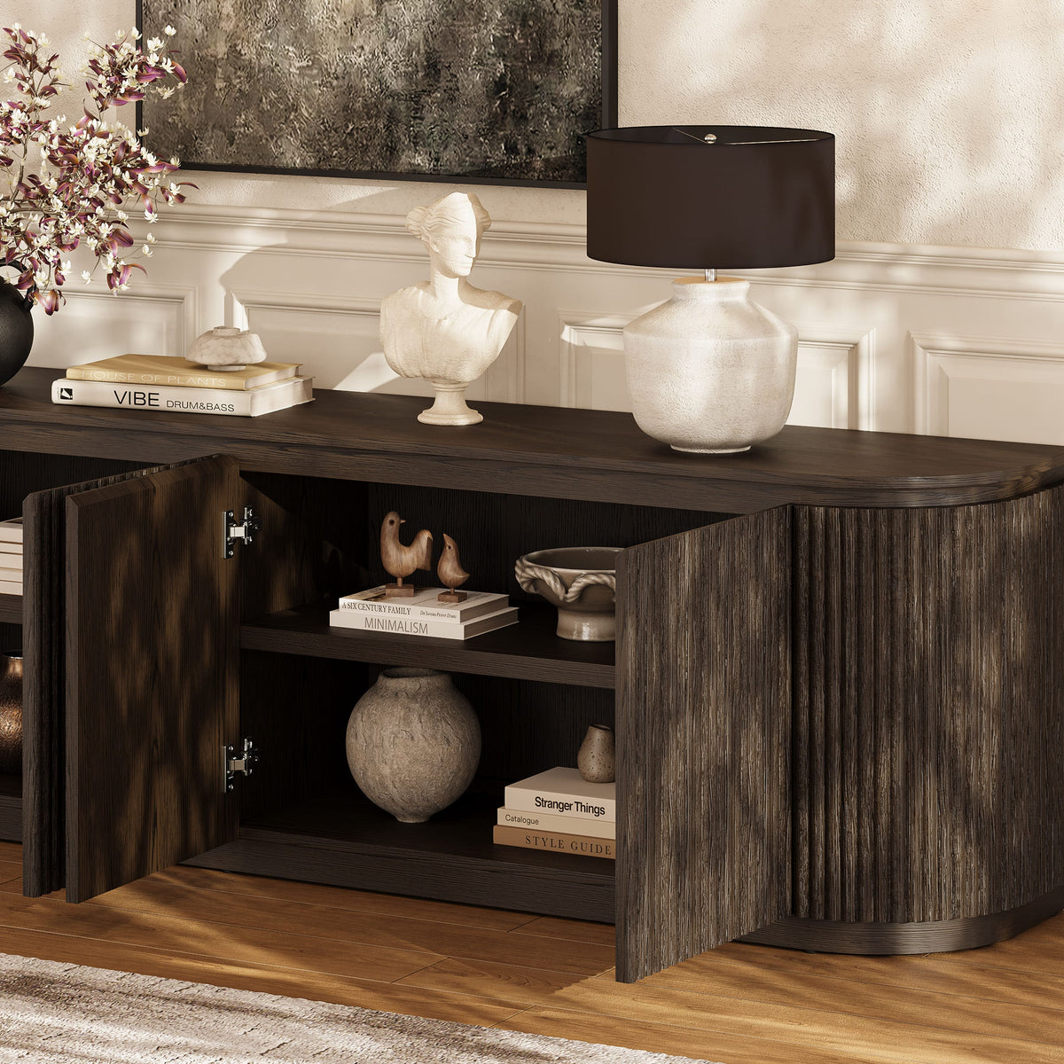 Fluted 4-Door Media Console — Dark Oak