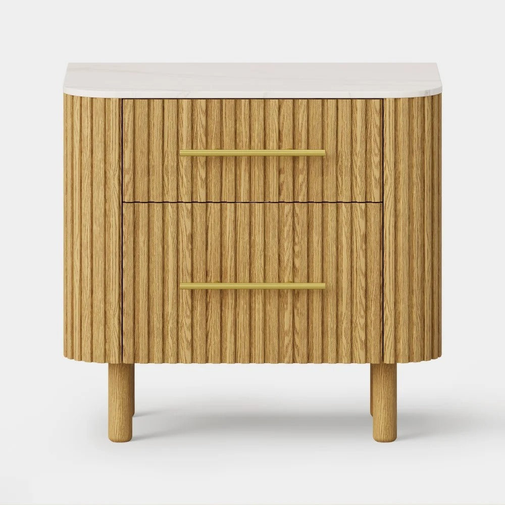 Fluted Oak Nightstand with Stone Top — Natural Oak