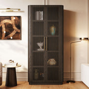 Tall Fluted 2-Door Storage Cabinet with Brass Handle — Dark Walnut