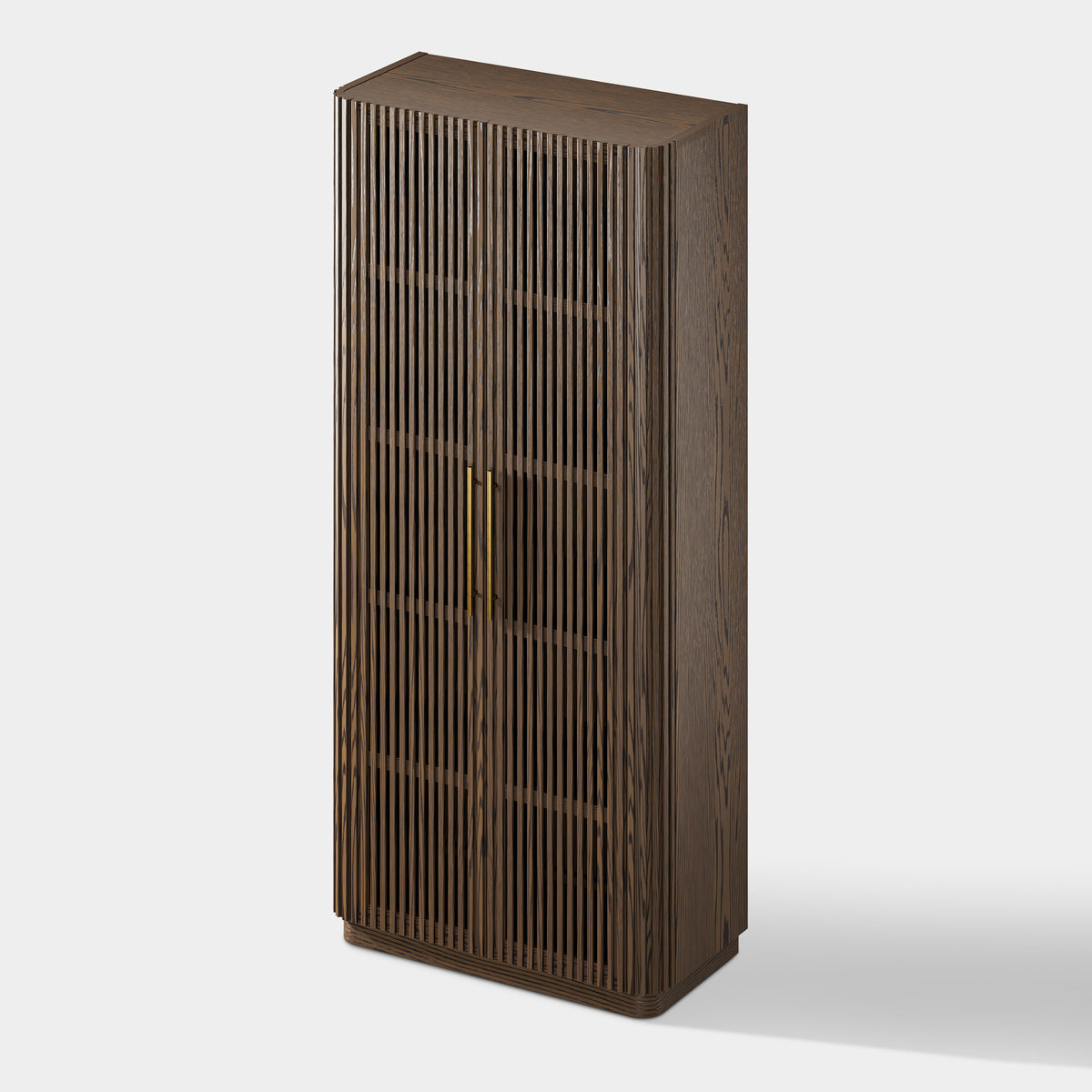 Tall Fluted 2-Door Storage Cabinet with Brass Handle — Dark Walnut